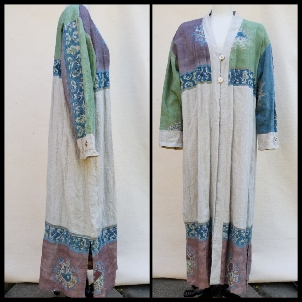 Vtg Globe Trotter Bali Rayon Duster Jacket Coat Full Length Maxi Long L Taegeuk